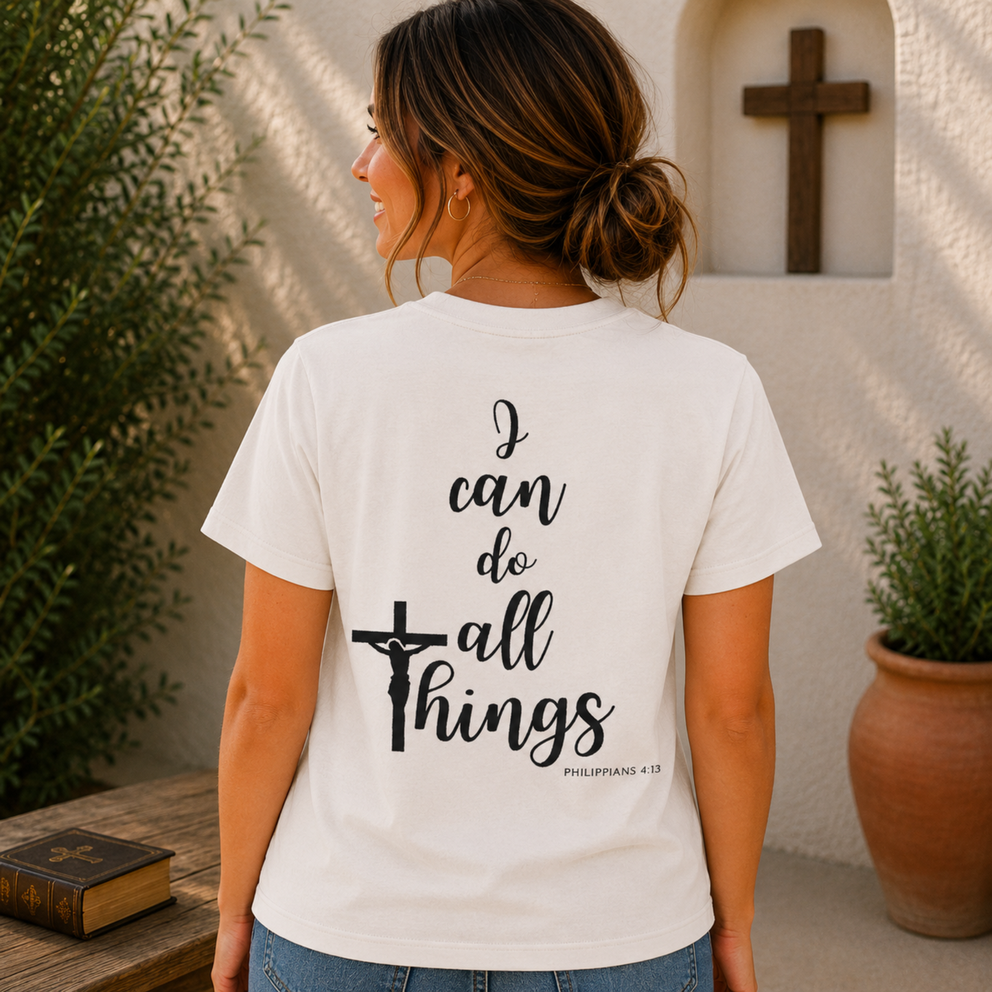 White Christian t-shirt, back graphic cross with “I can do all things”