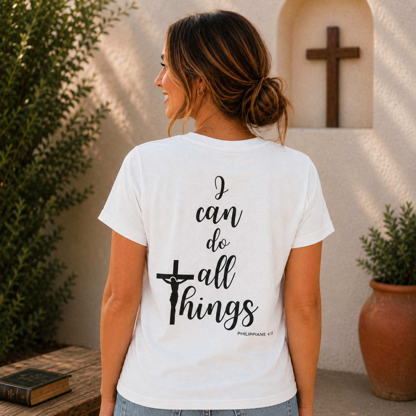 White Christian t-shirt, back print with cross and “I can do all things”