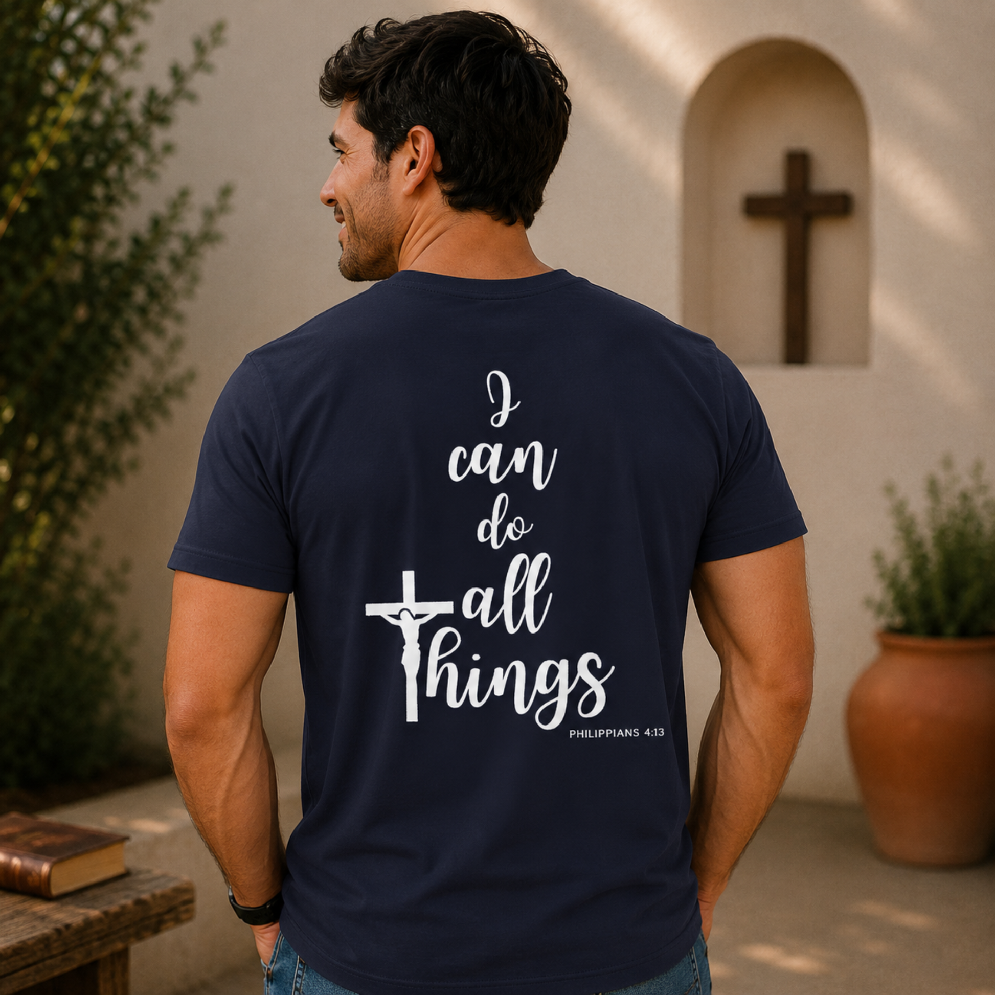 Navy T-shirt, back 'I can do all things' cross and Philippians 4:13