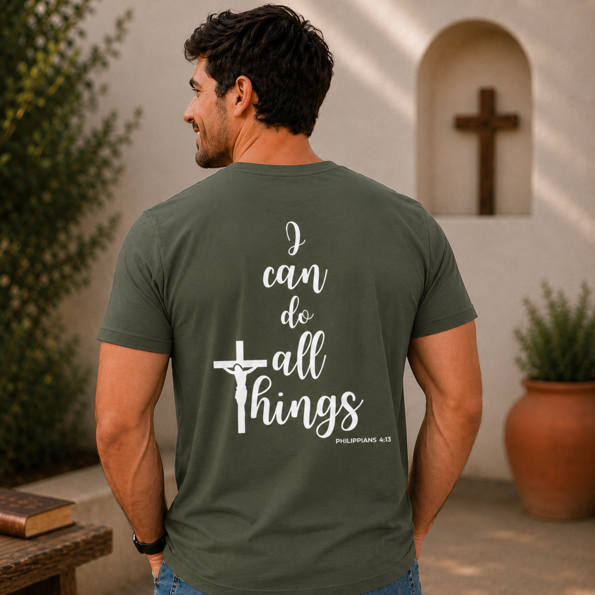Olive T-shirt, back 'I can do all things' cross with Philippians 4:13