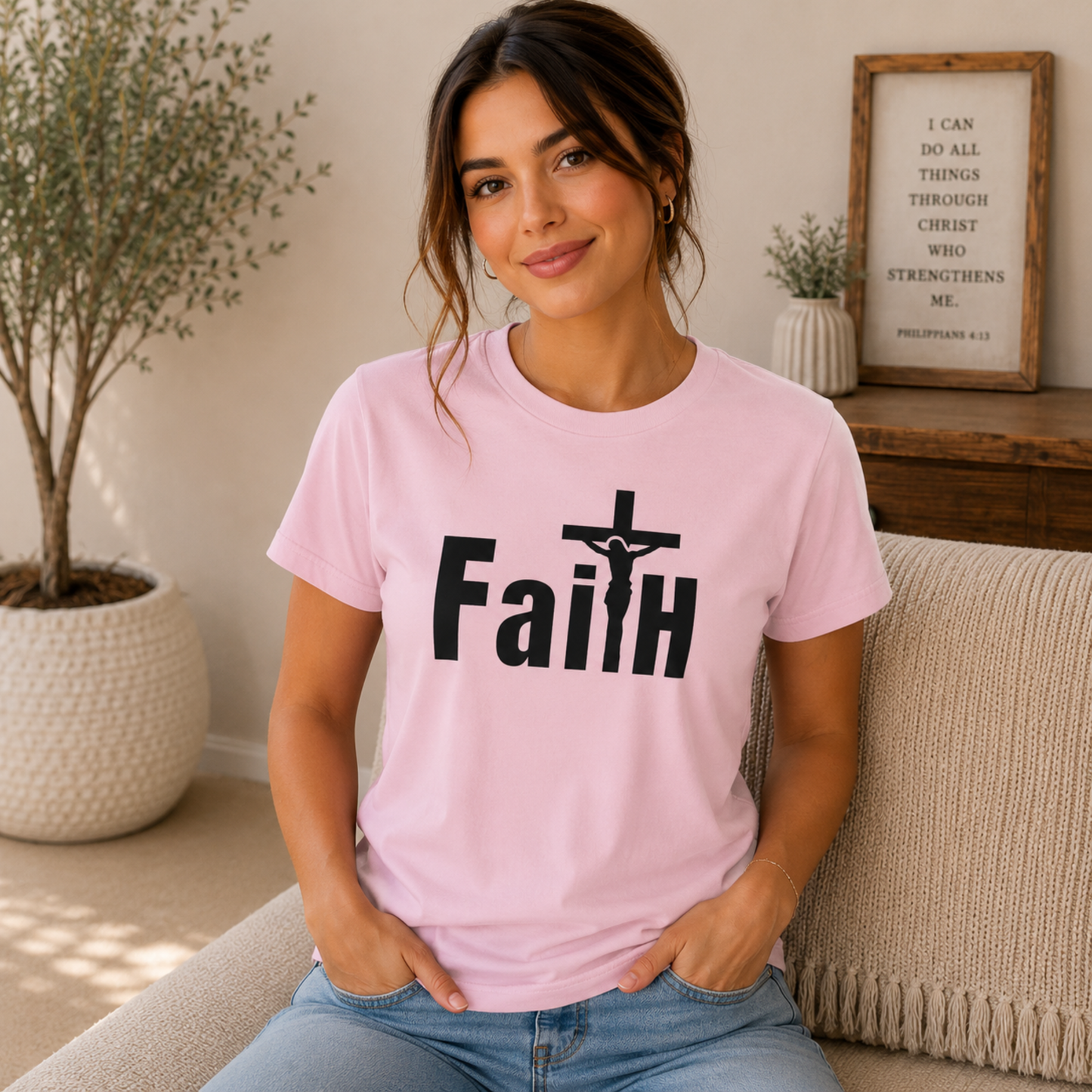 Pink crew-neck T-shirt with black 'Faith' lettering and small cross graphic on chest.