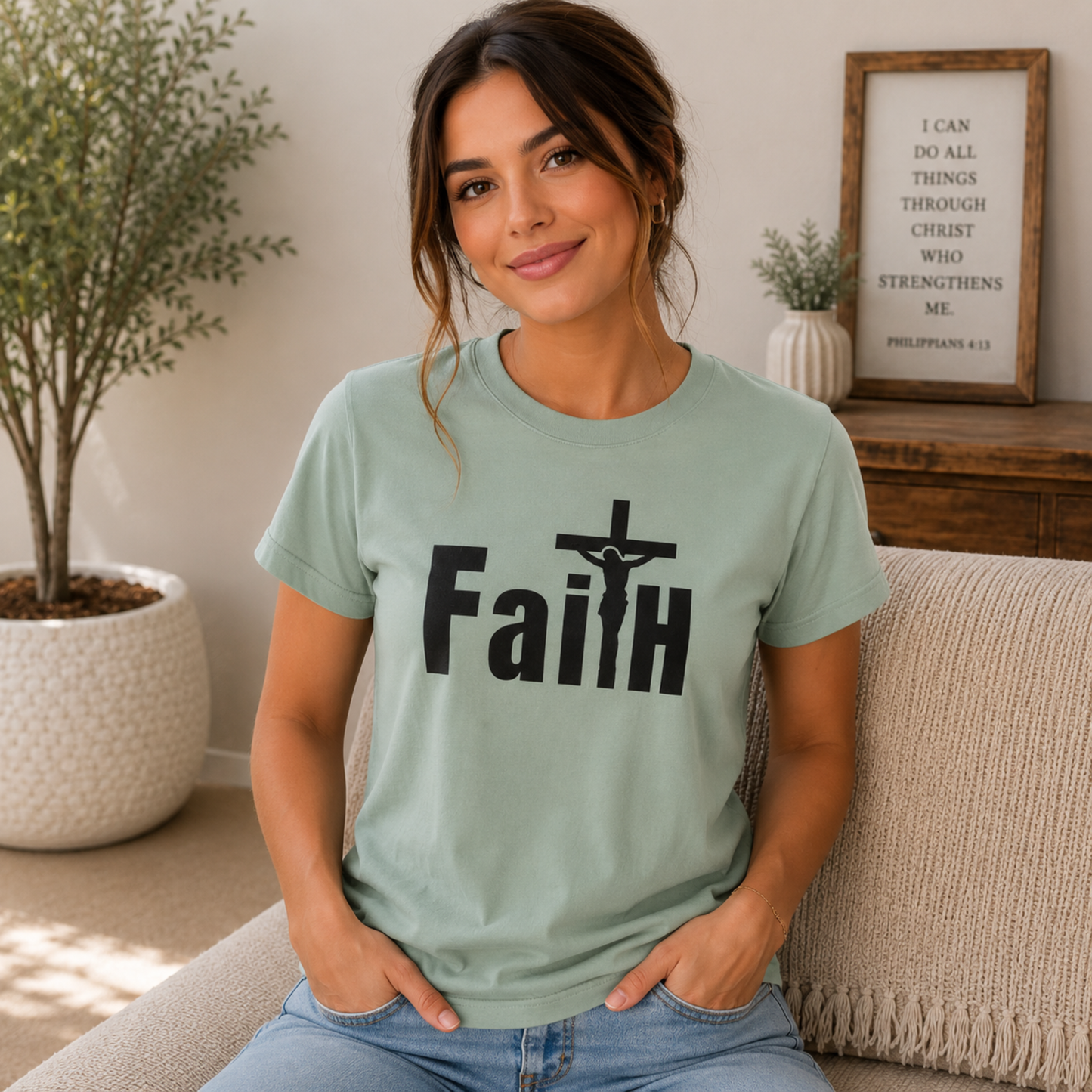 Teal crew-neck T-shirt with bold black 'Faith' text and cross graphic on front.