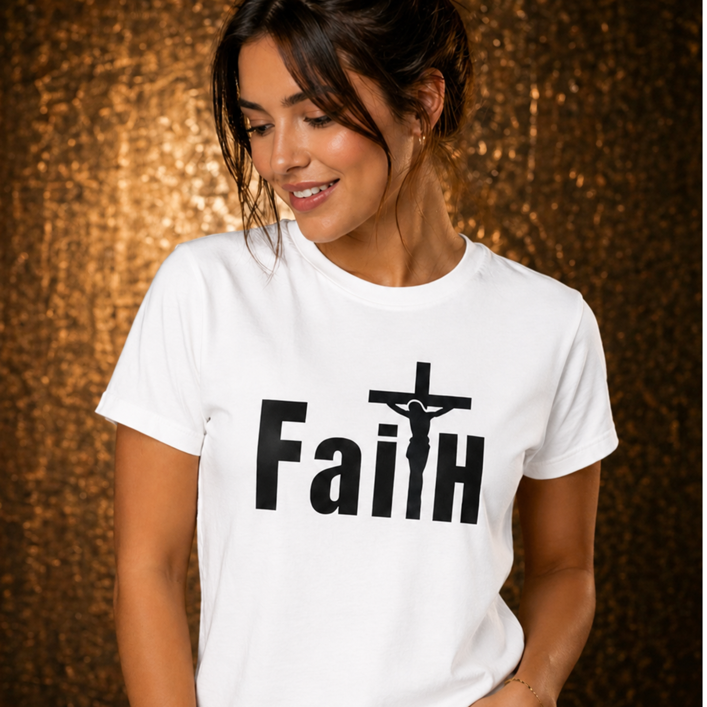 White crew-neck T-shirt with black 'Faith' lettering and cross graphic on front.
