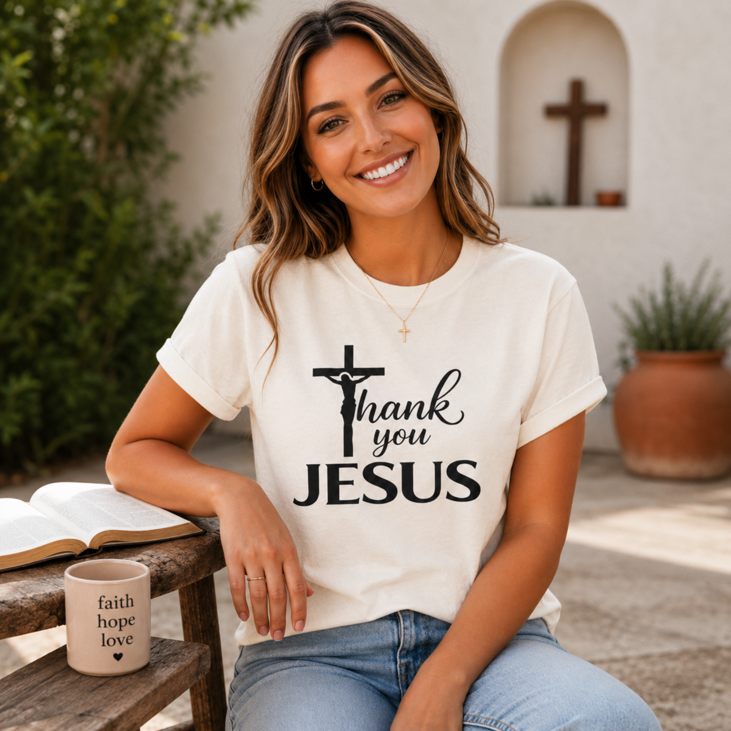 White Christian T-shirt with black cross and “Thank you JESUS” front print