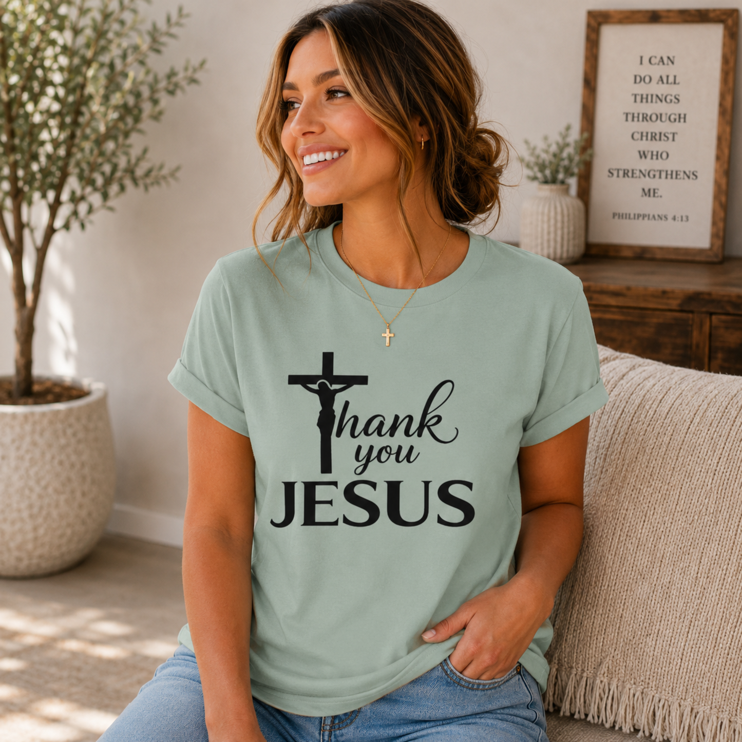 Green Christian T-shirt with black cross and “Thank you JESUS” front print