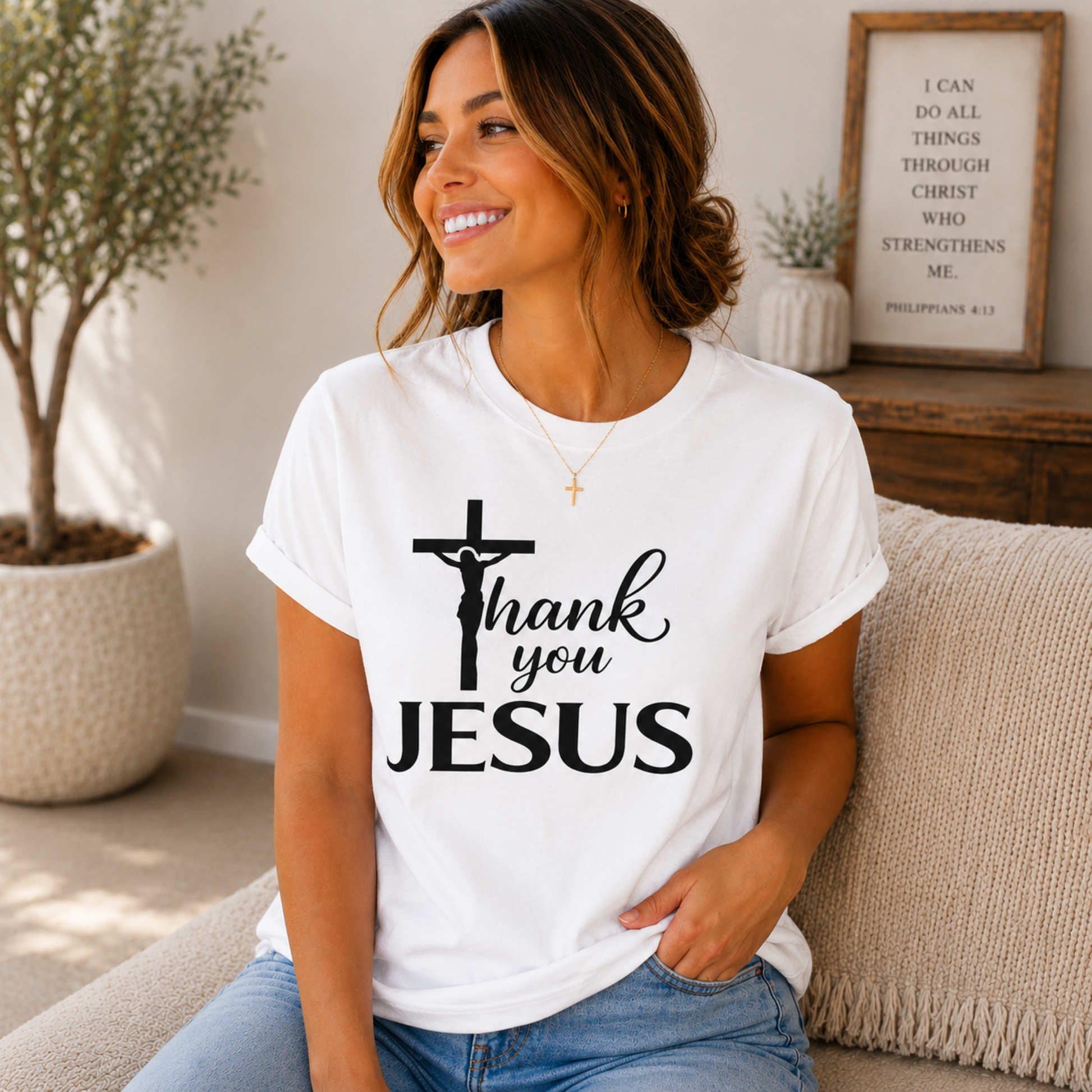 White Christian T-shirt with black cross and “Thank you JESUS” front print
