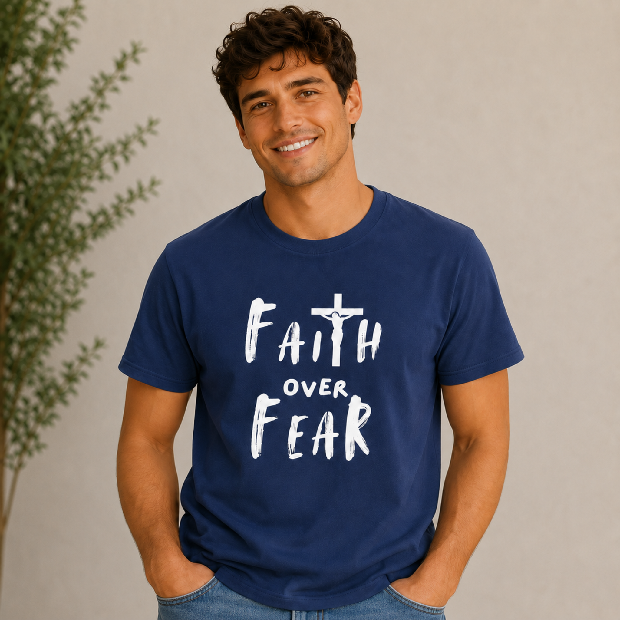 True navy short-sleeve T-shirt with white 'Faith over Fear' cross graphic
