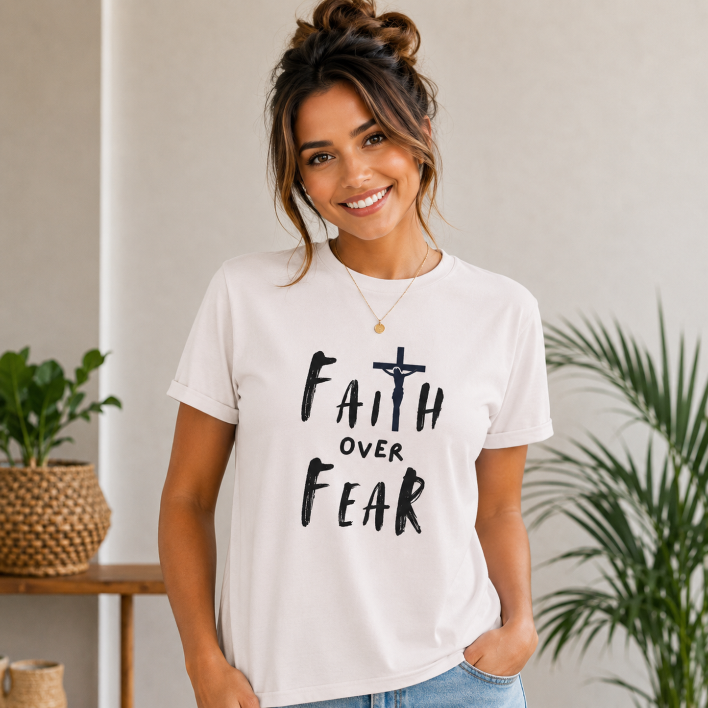 White crewneck Christian T-shirt with black cross and 'Faith over Fear' front statement