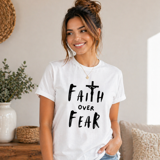 White Christian graphic T-shirt with black cross and 'Faith over Fear' text print