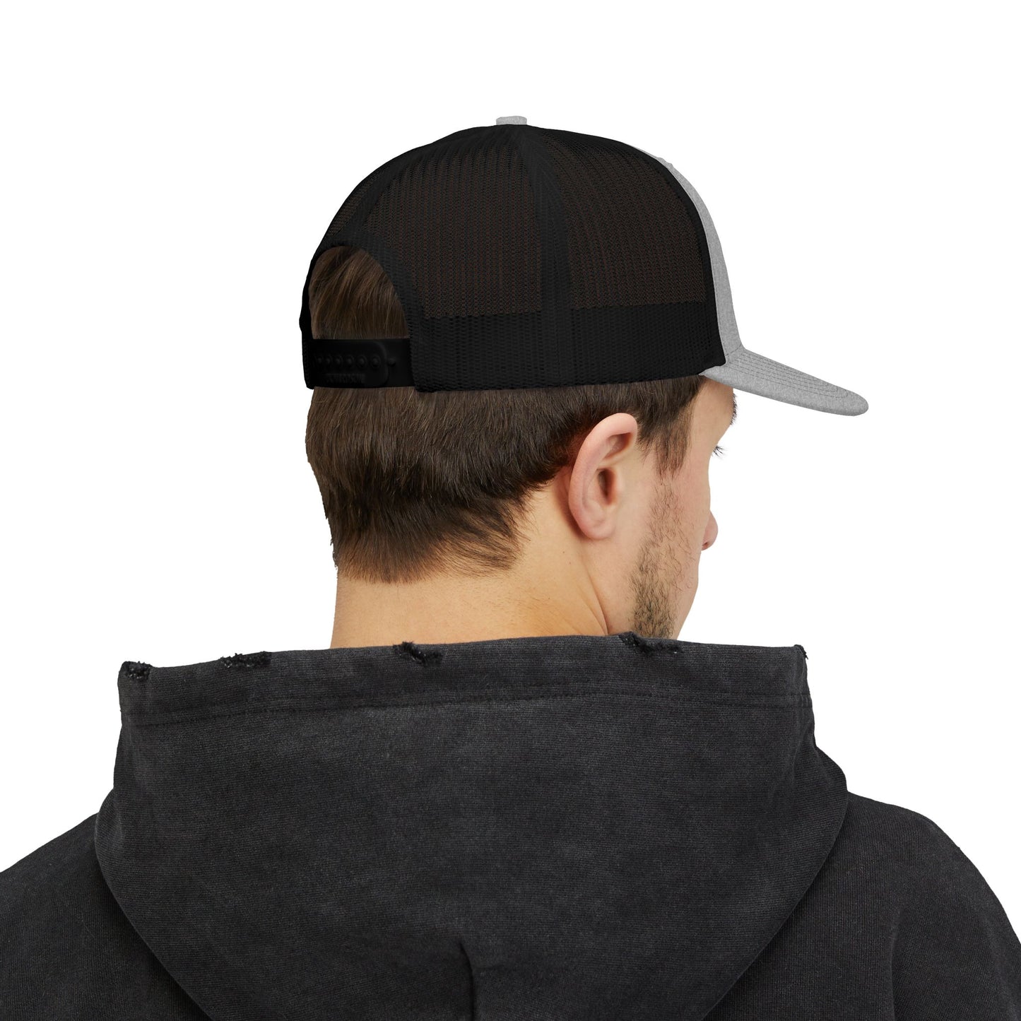 Black trucker hat with gray brim and mesh back