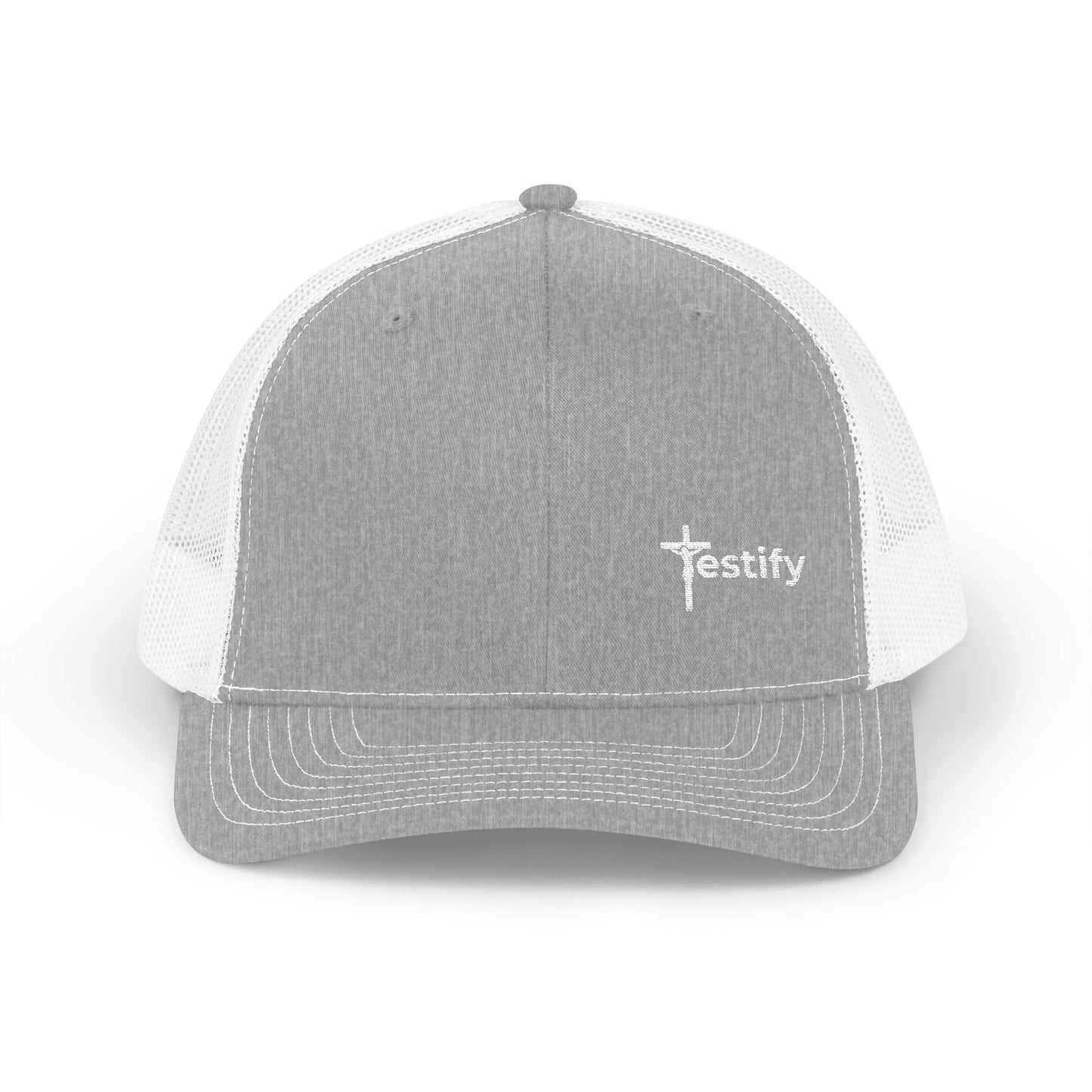 Heather gray and white cross trucker snapback cap with curved brim and front logo
