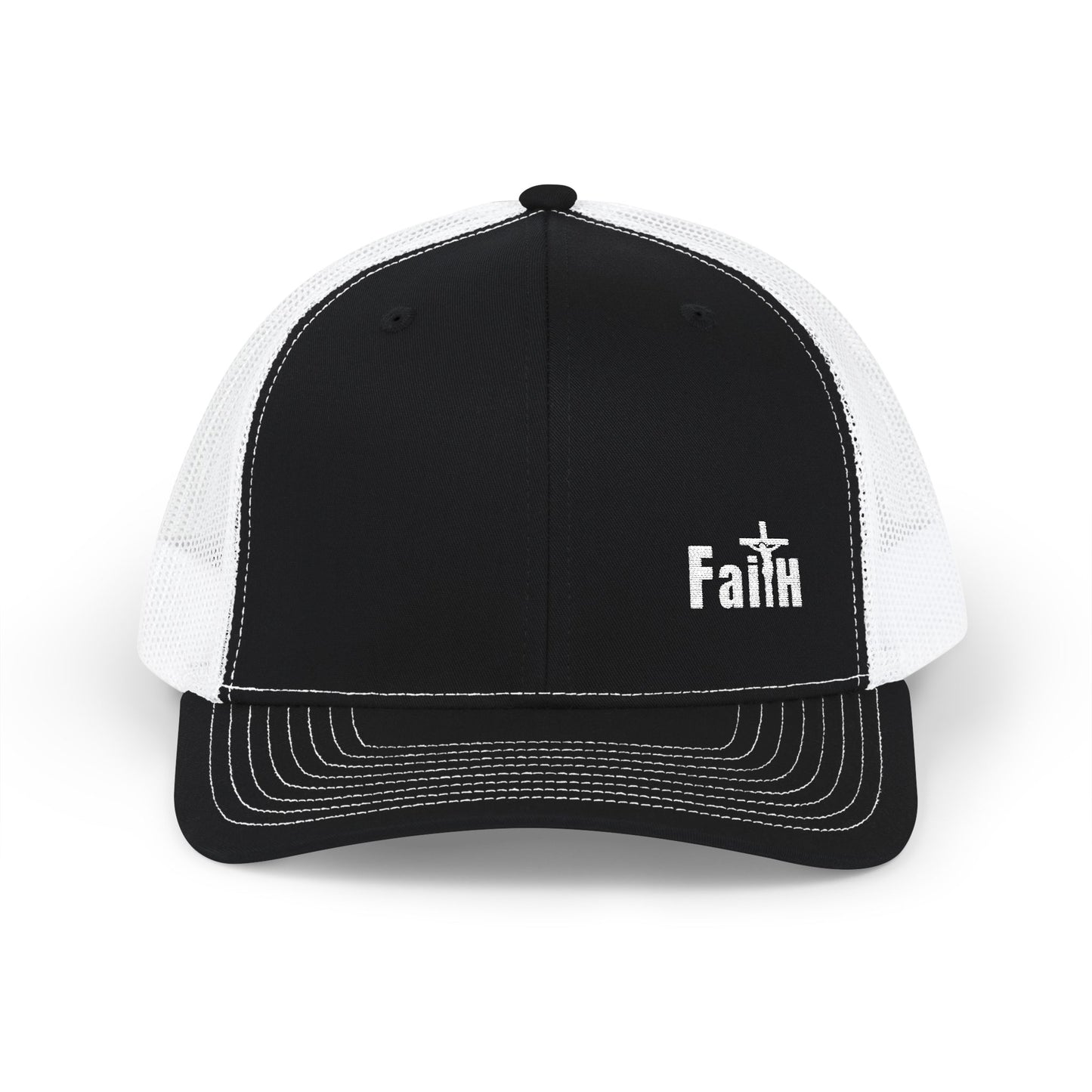 Black and white trucker cap with embroidered cross and Faith