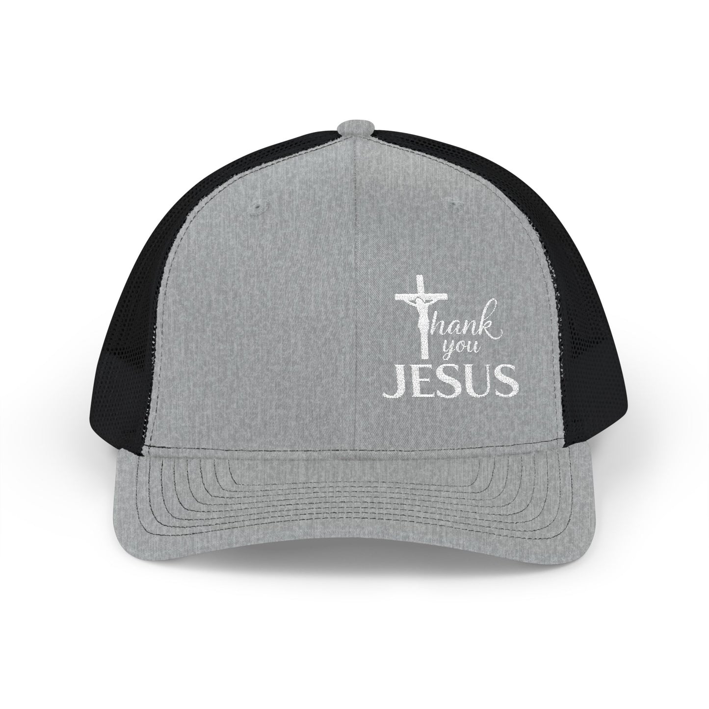 Heather grey trucker snapback cap with black mesh sides and “Thank you Jesus” graphic