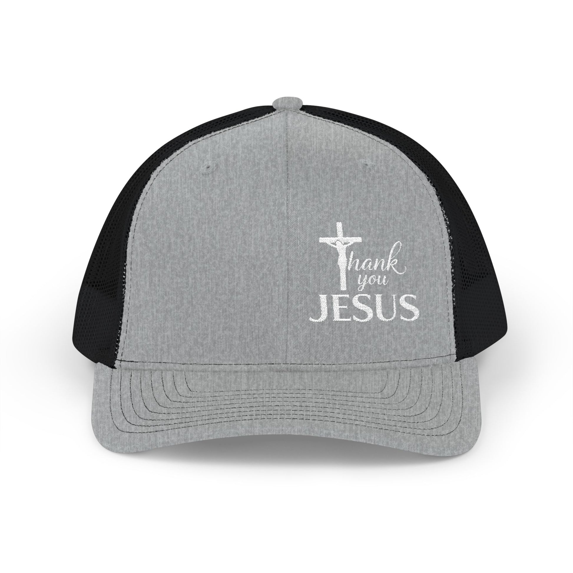 Heather grey trucker snapback cap with black mesh sides and “Thank you Jesus” graphic