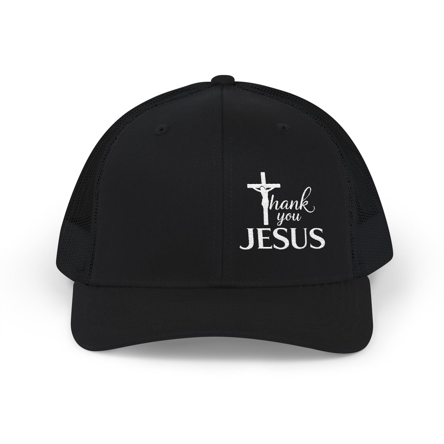 Black trucker snapback cap with “Thank you Jesus” graphic on the front