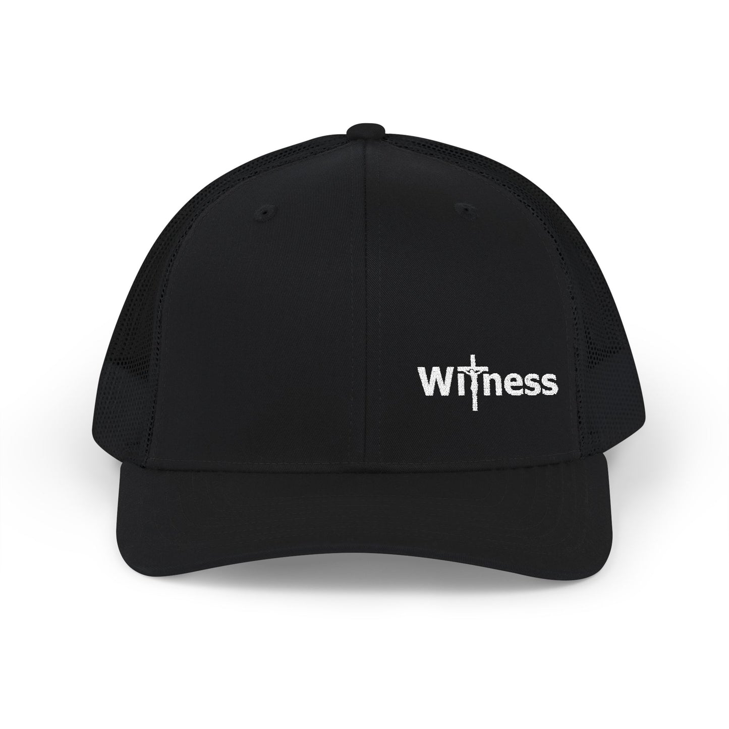 Black trucker hat with embroidered “Witness” logo on the front panel