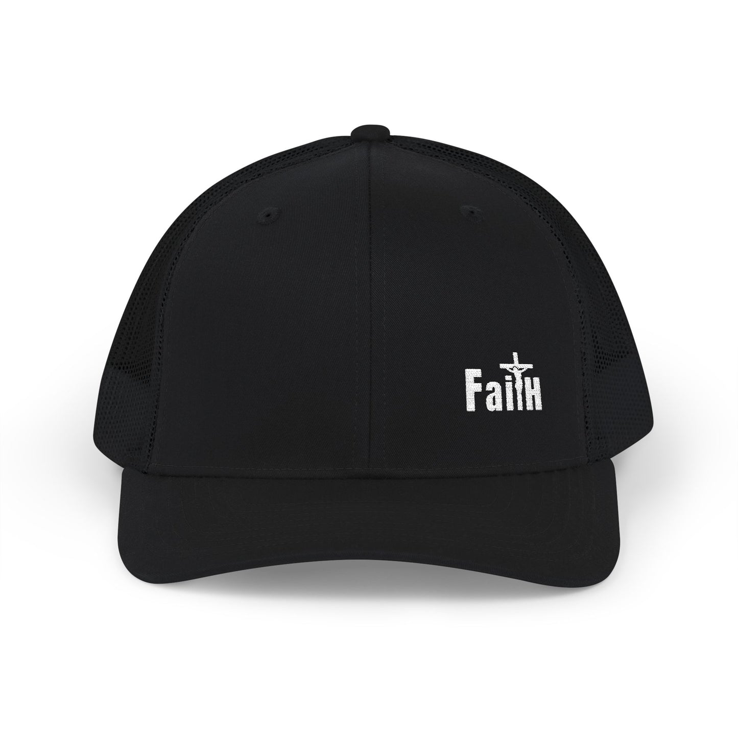Black trucker cap with embroidered cross and Faith