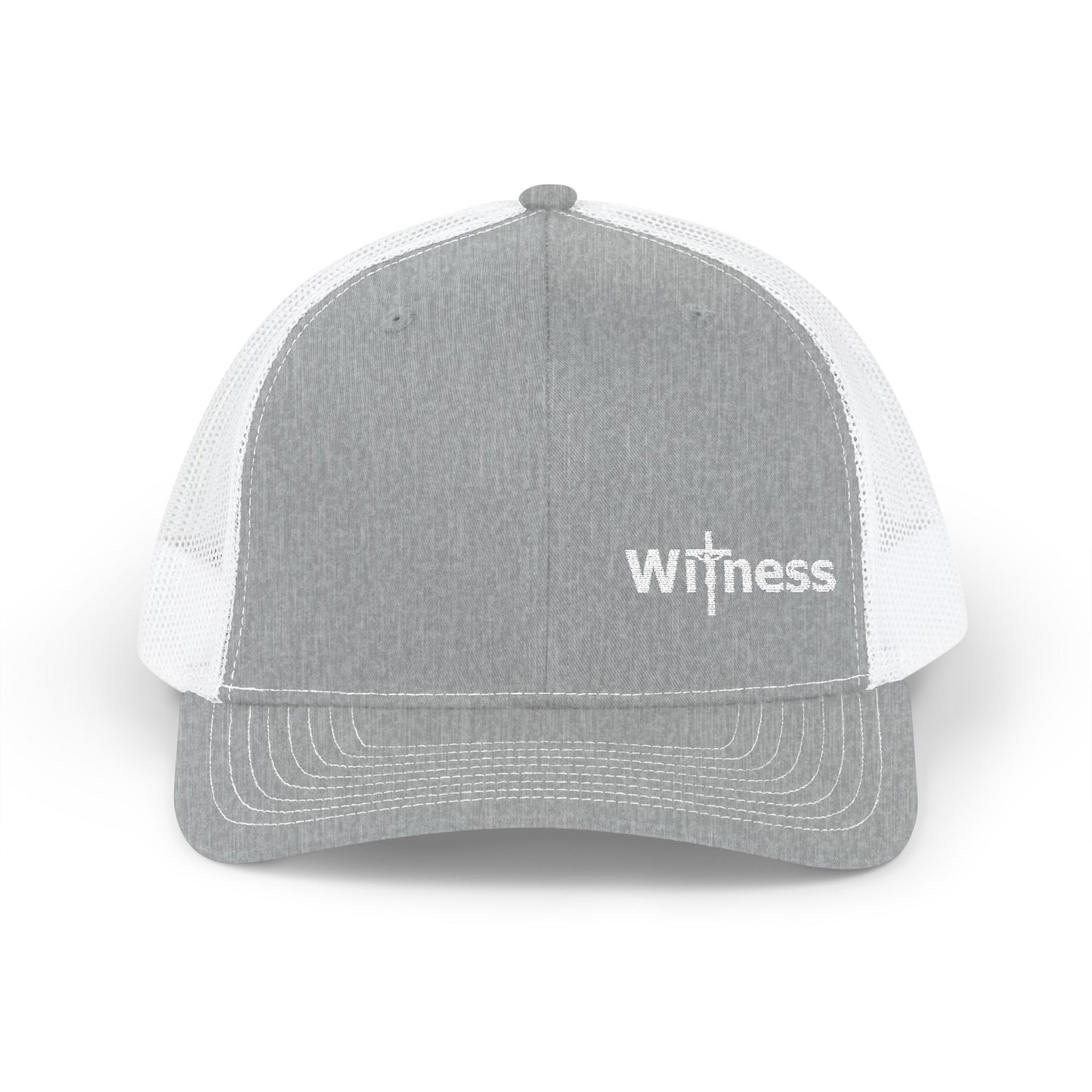 Heather grey trucker hat with white mesh back and embroidered “Witness” logo