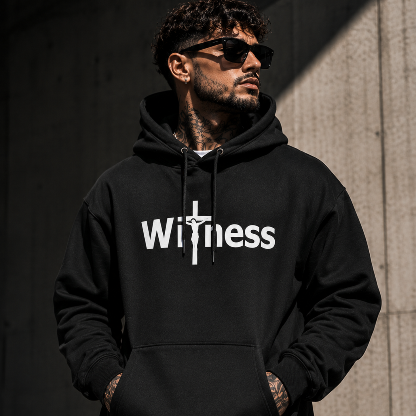 Black hoodie with hood and front “Witness” print with cross