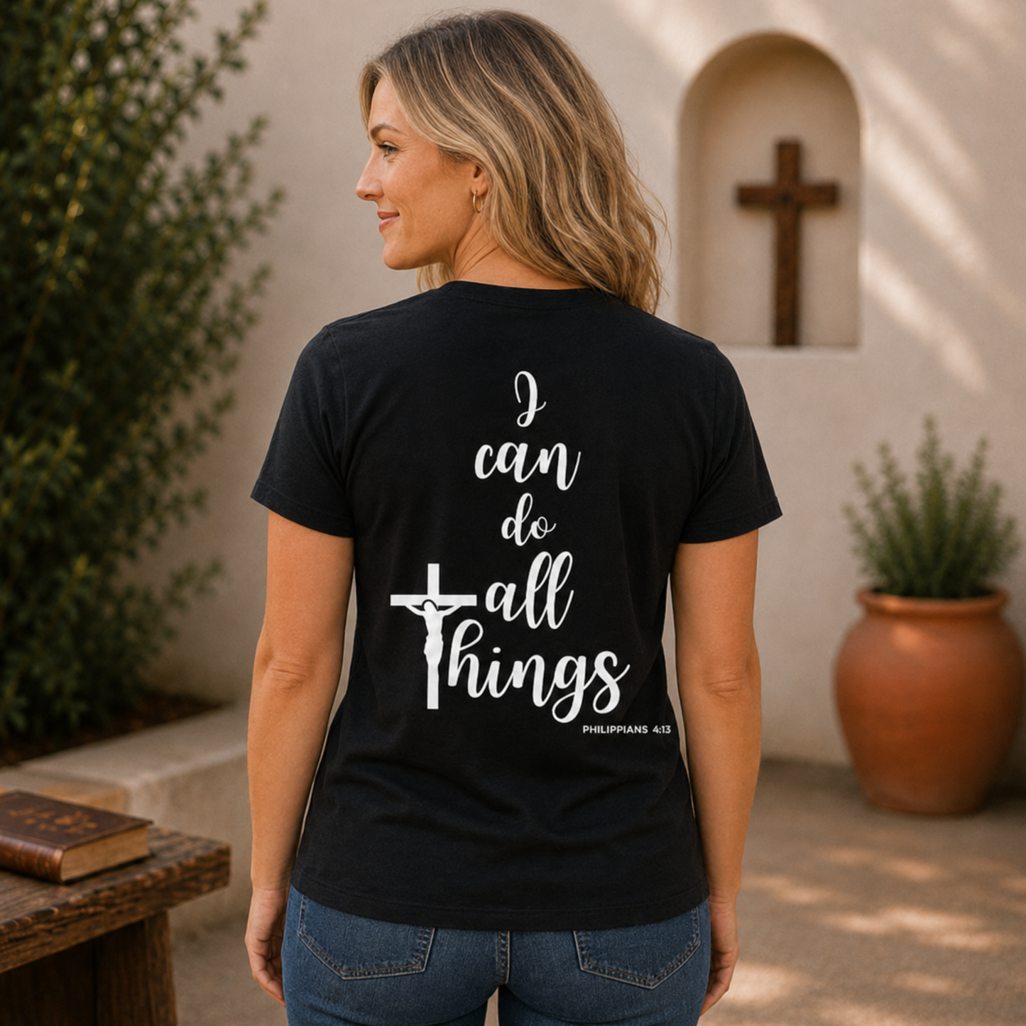 Black Christian verse T-shirt, back print “I can do all things” with cross