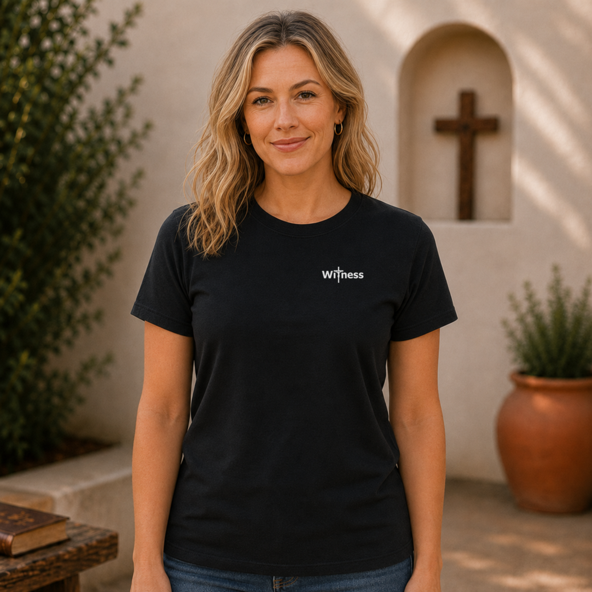 Black T-shirt with small “witness” logo on chest