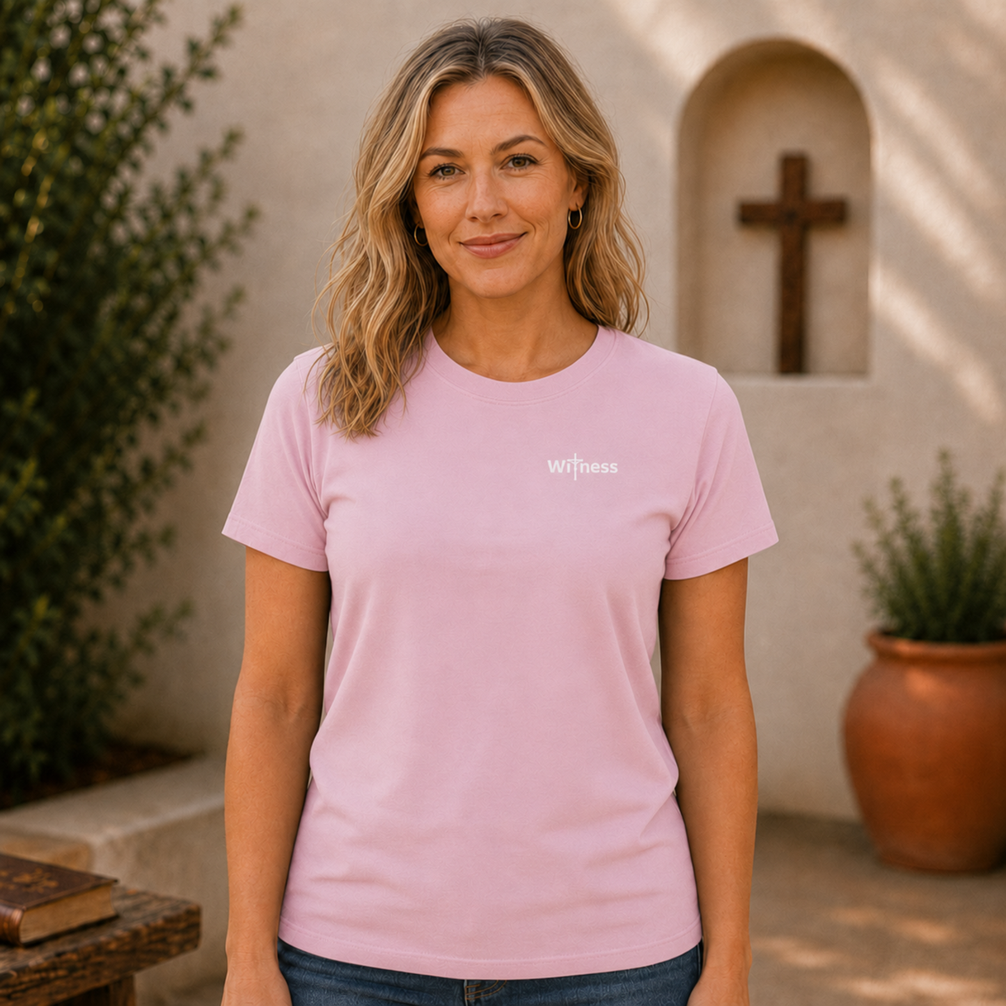 Blossom pink T-shirt with small “witness” logo on chest