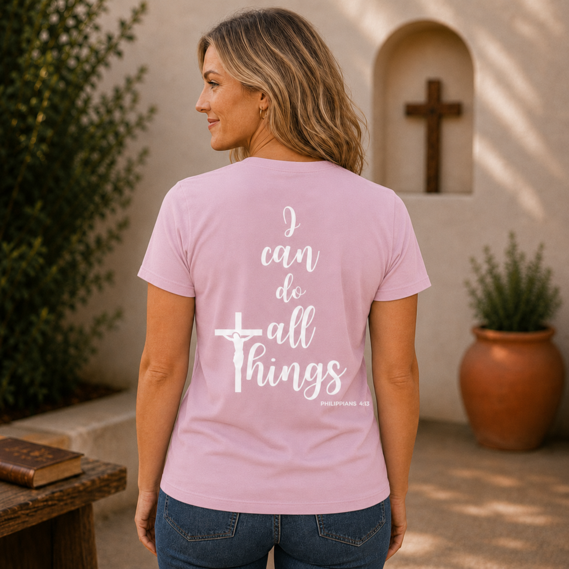 Blossom pink Christian verse T-shirt, back print “I can do all things” with cross