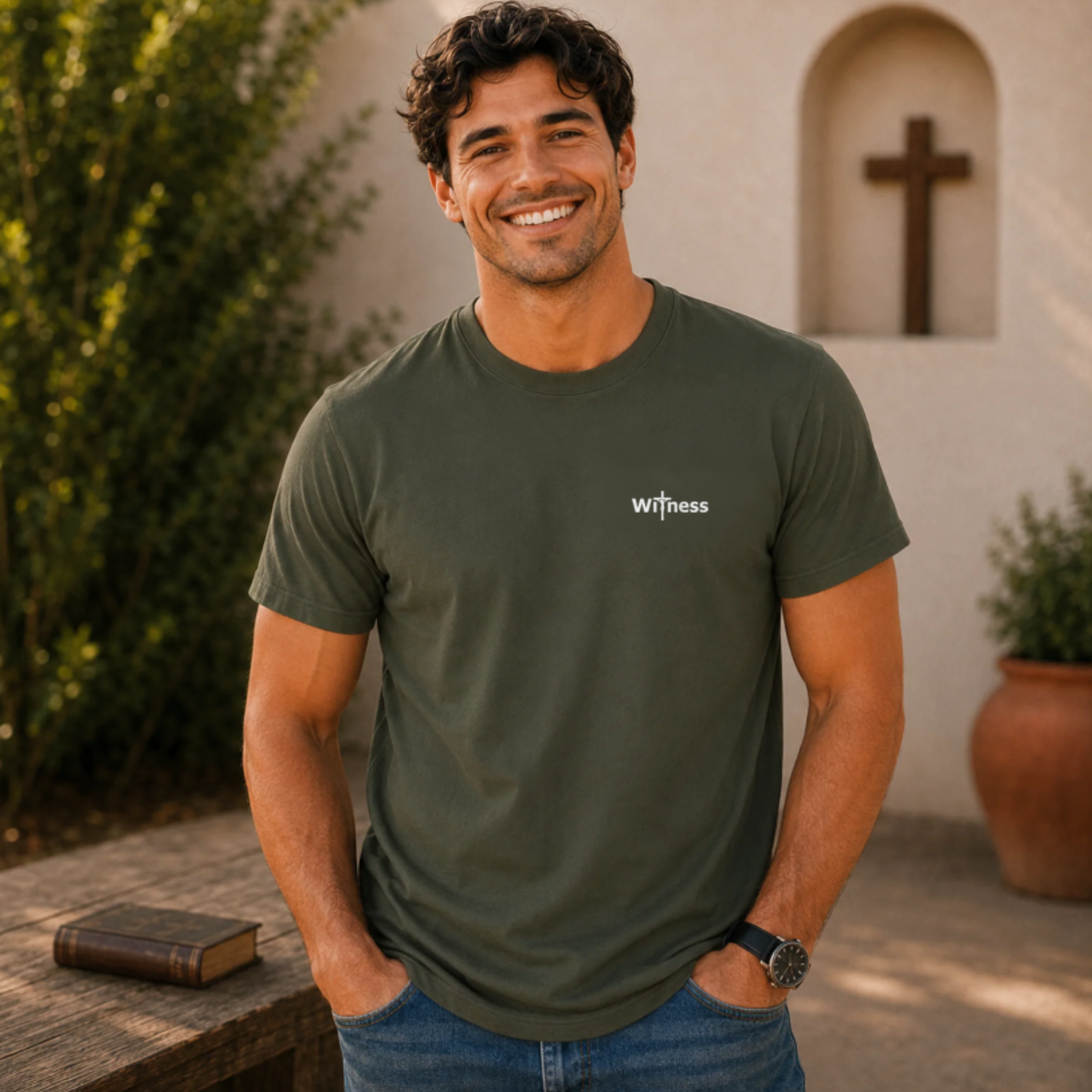 Hemp green T-shirt with small “witness” logo on chest