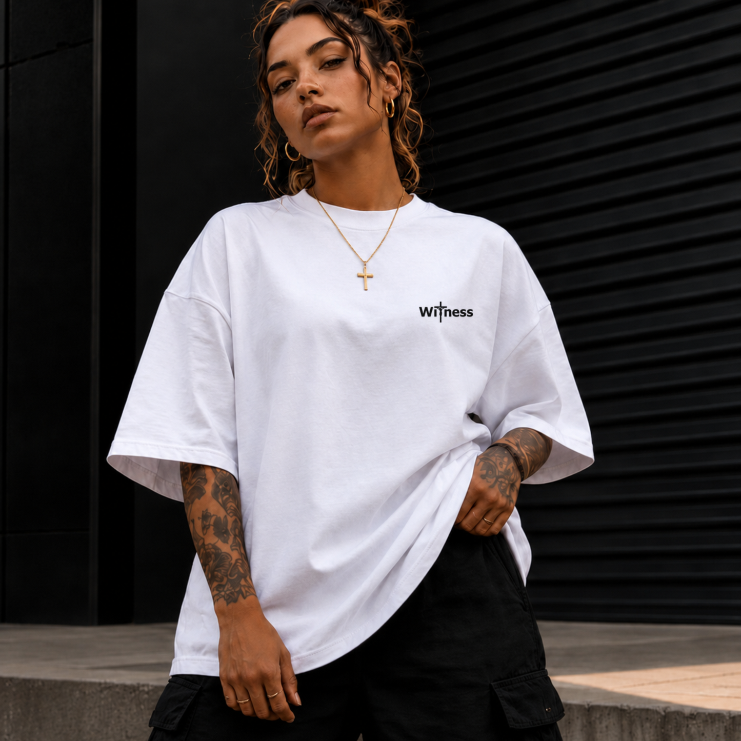 White crewneck streetwear T-shirt with small 'witness' logo on chest