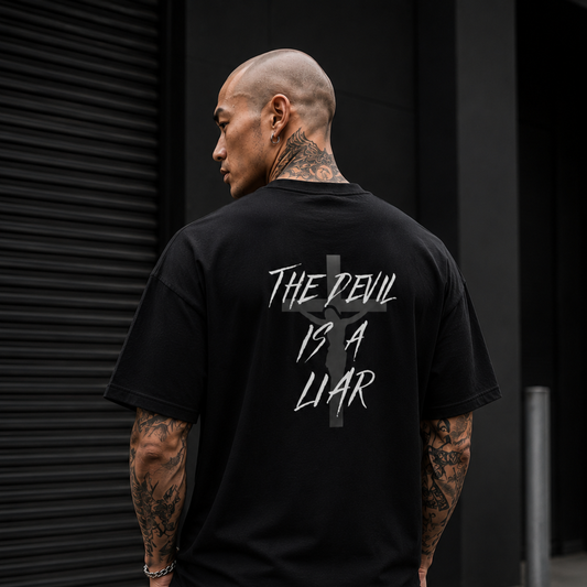 Oversized black T-shirt, back graphic text “THE DEVIL IS A LIAR”