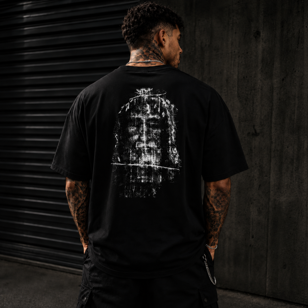 Black T-shirt with large back religious graphic print
