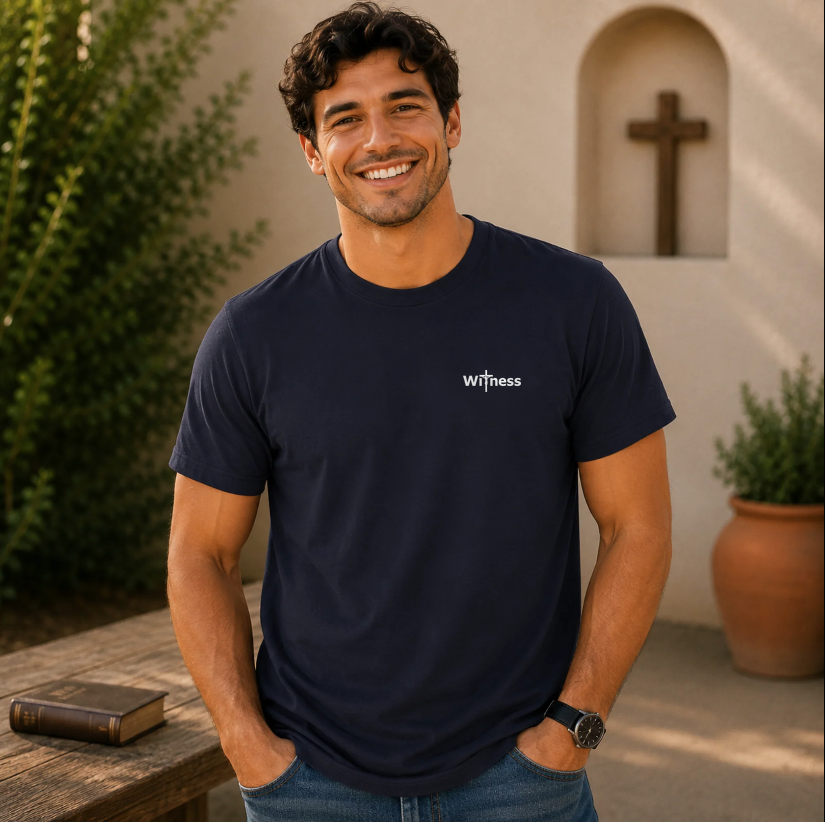 True navy T-shirt with small “witness” logo on chest